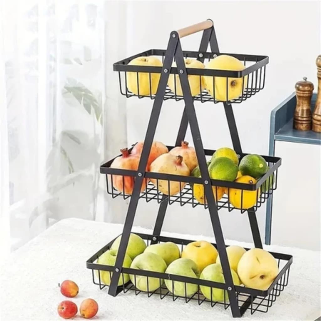 Fruteira De Metal Multiuso 3 E 2 Andares Com Alça Em Madeira Organizador Cozinha Bancada Elegante