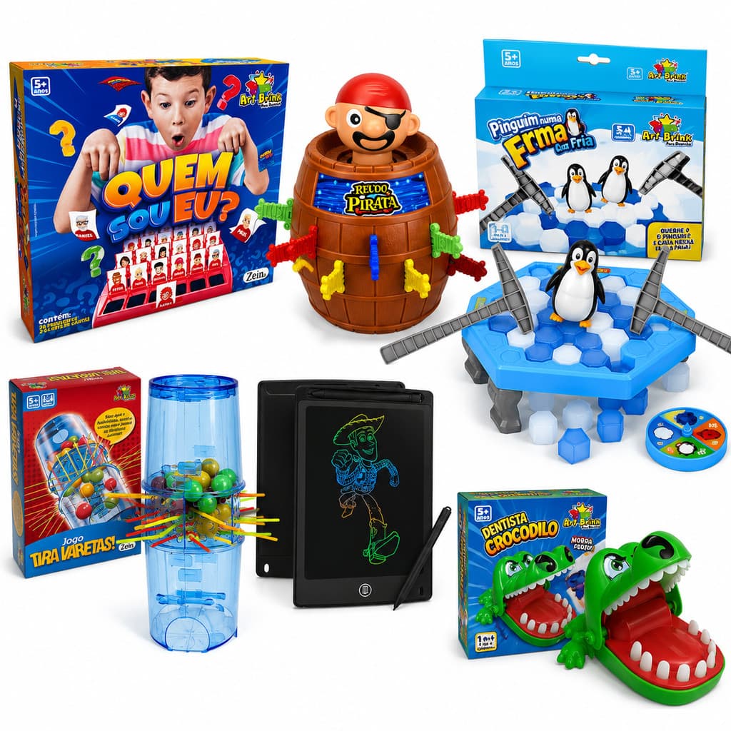 Kit 2 Jogos Barril Do Pirata Jacare Pega Vareta  Brinquedo Infantil Tabuleiro Educativo Família Menino Menina