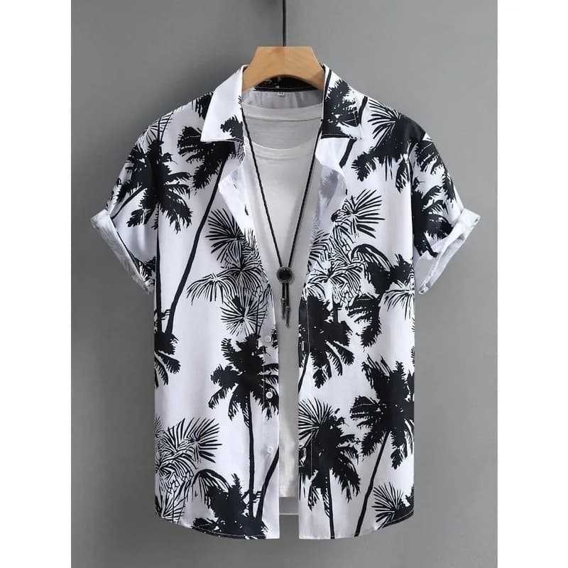 Camisa Havaiana Masculina Estampada Casual Fina de Praia Slim Moda Camisa de Alta Qualidade Luxo Preta Social Vintage En