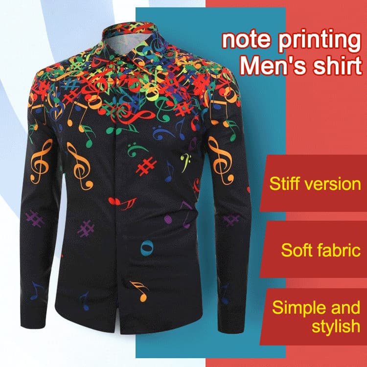 Camisa Masculina Slim Fit Manga Longa com Estampa de Notas Musicais Estilo Elegante