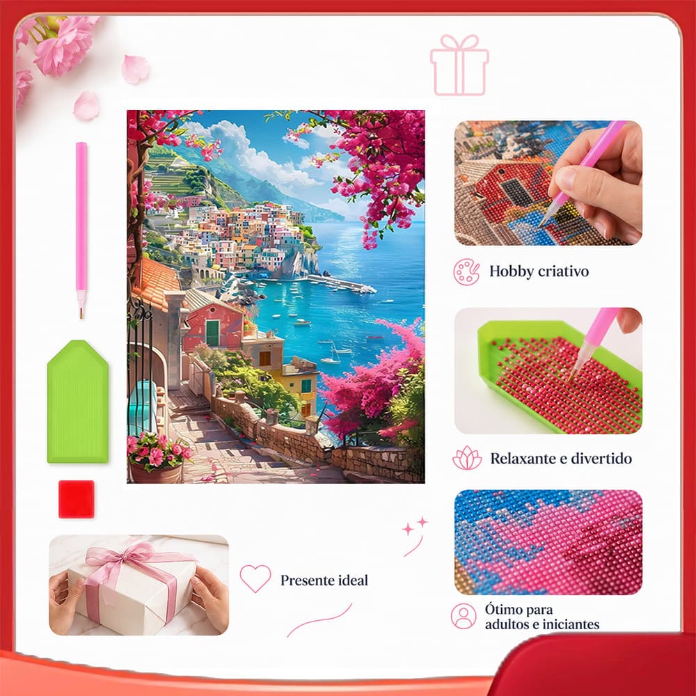 Conjunto de pintura diamante adulto 5D tema vila de pesca 40x30cm adequado para decoração de parede, feito à mão