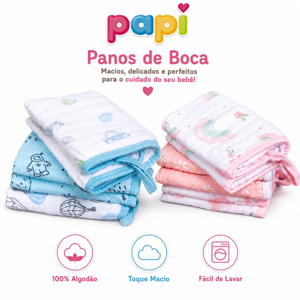 Kit 3 Panos de Boca Papi Soft 100% Algodão 40x40cm - Fralda para Bebê Com Prendedor de Chupeta