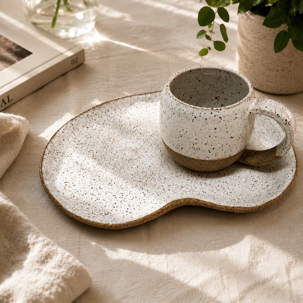Xícara Café 120ml + Bandeja Orgânica em Cerâmica 100% Artesanal Premium Chá Presente Decoração Louça