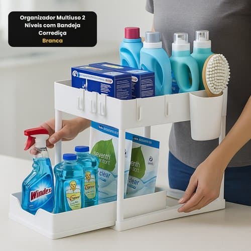 Organizador Multiuso 2 Niveis Bandeja Corredica Compacto Branco Organizador Cozinha Banheiro Escritório