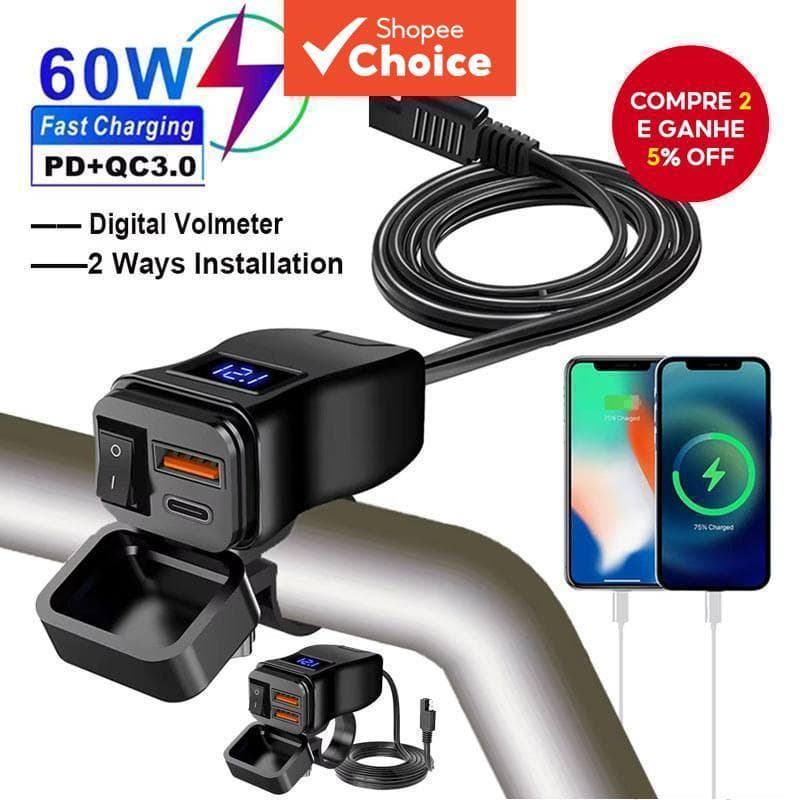  PD QC3.0 Carregador Rápido para Celular em Moto USB à Prova d'Água Conector de Tomada Tipo C com Voltímetro Digital