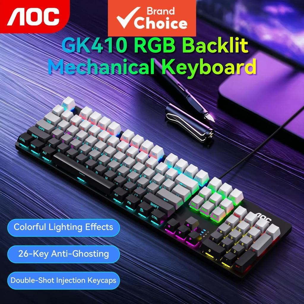 Teclado Mecânico AOC GK410 104 teclas RGB Ergonômico, Anti-Fantasma, Dupla Injeção, Teclas, Painel Metálico para Jogos e