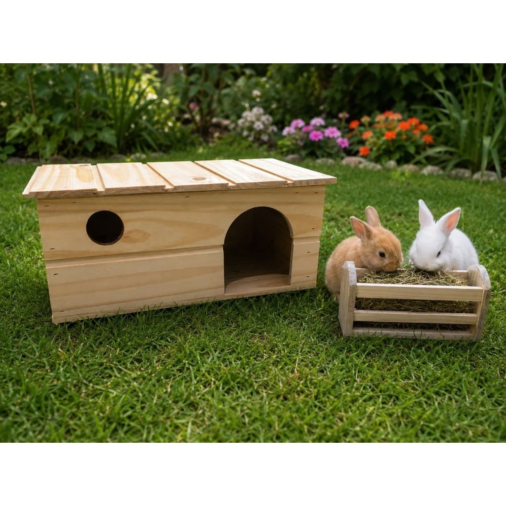 Toca Pet Casinha de Madeira Pinus + Porta Feno Para Mini Coelho Porquinho da India Chichila Roedores