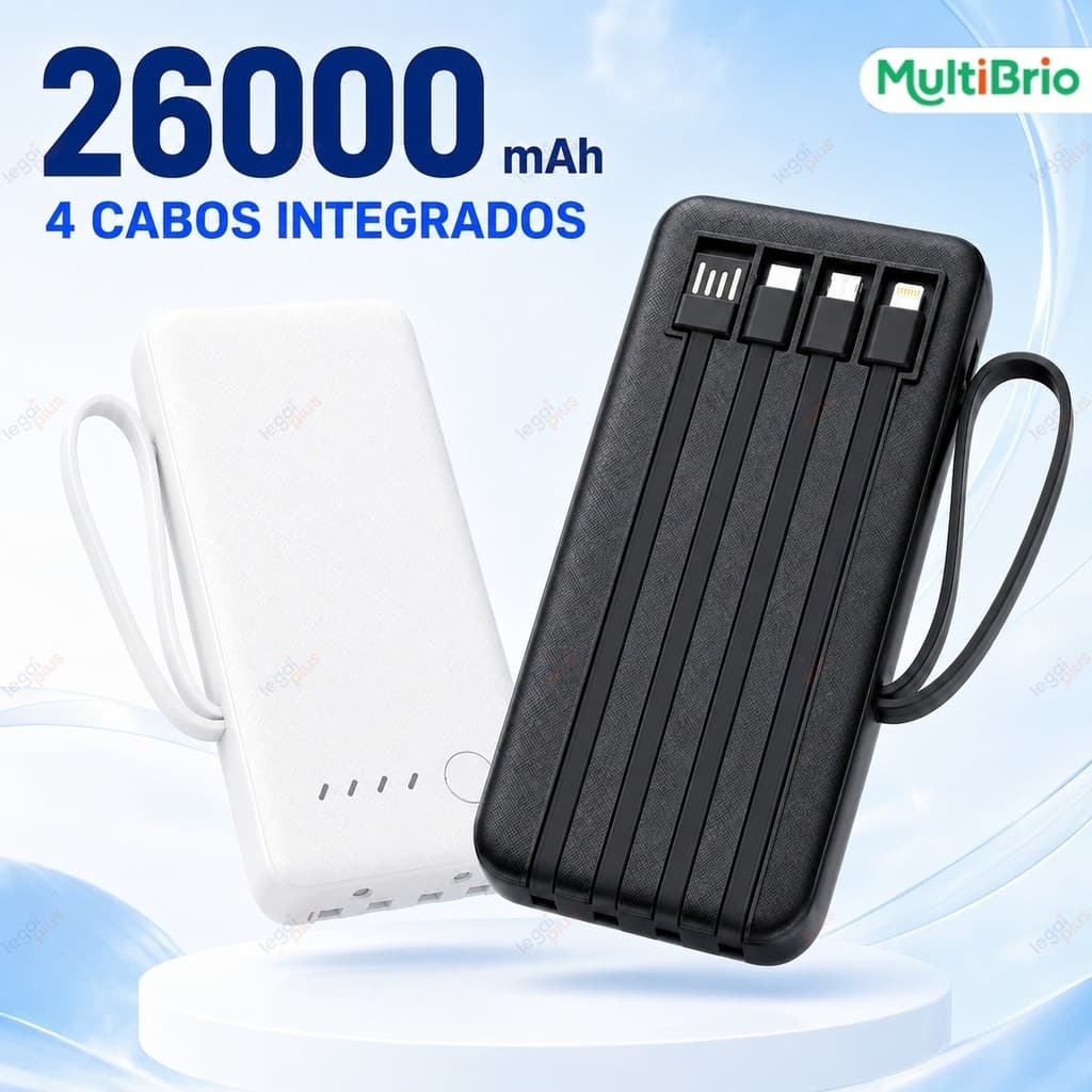 Banco de Energia Portátil 26000mAh Carga Rápida 4 Cabos USB Carregador Celular Uso Diário Compras Viagem