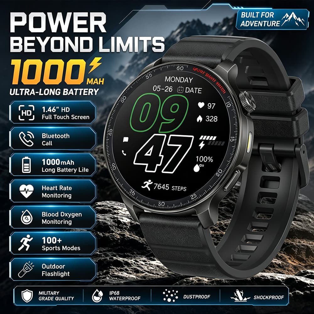 Nova Bateria De 1000mAh Robusto Smartwatch Relógio Inteligente Das Mulheres Dos Homens Lanterna Bluetooth Chamada IP68 À
