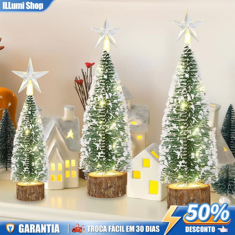 1, 3 ou 6 Luminária LED Árvore de Natal Mini Nevada 18cm com Base de Madeira Decoração Natalina Mesa Casa Escritório