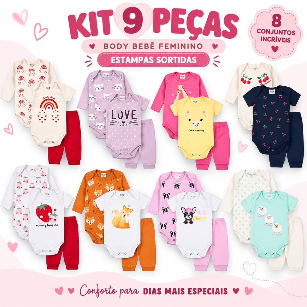 Kit Enxoval Bebê Menina 9 Peças Body Manga Longa e Curta + Mijão Algodão Macio Ideal Maternidade Presente RN