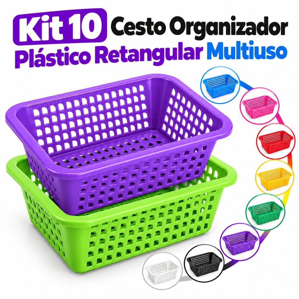Kit 10 Cesto Organizador Multiuso Plástico Vazado Empilhável Casa Lavanderia Banheiro Quarto Dispensa