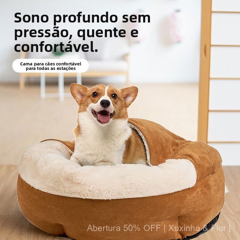 Casinha de cachorro semi-fechada, cama de pet de camurça para o inverno, casinha redonda para gatos, casa quente para ou