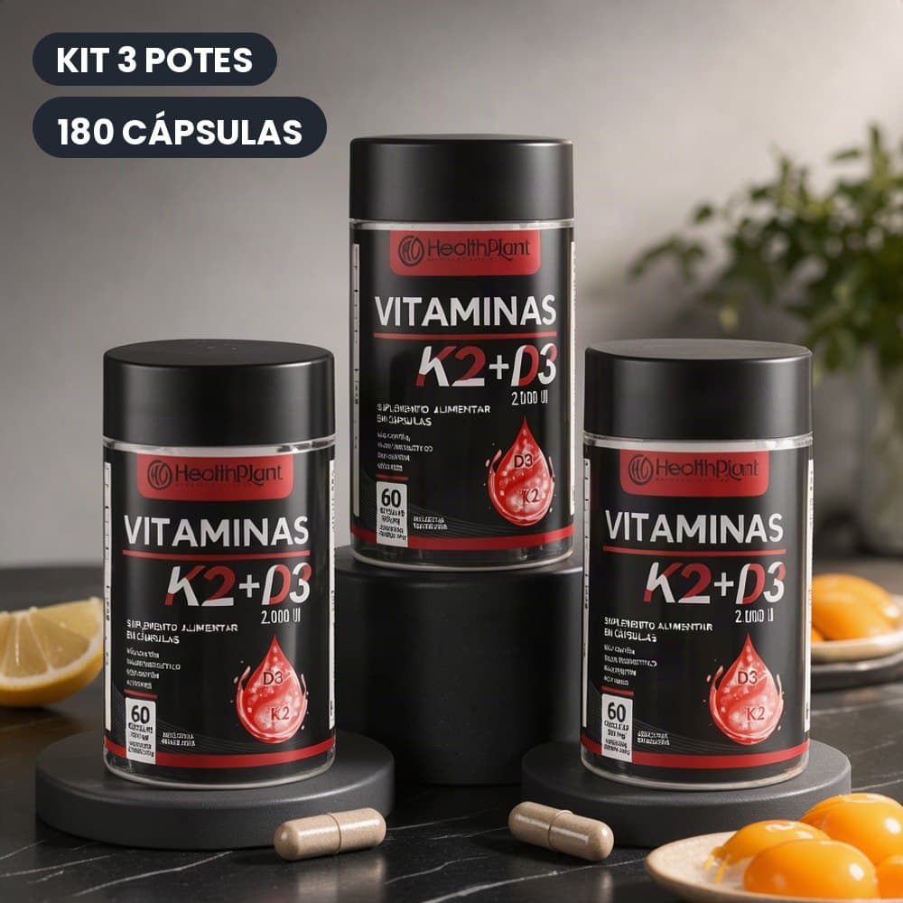 Suplemento Vitamina K2 + D3 2000UI 500mg Kit 3 Potes com 180 Cápsulas Cápsulas Vitamina D3 e K2