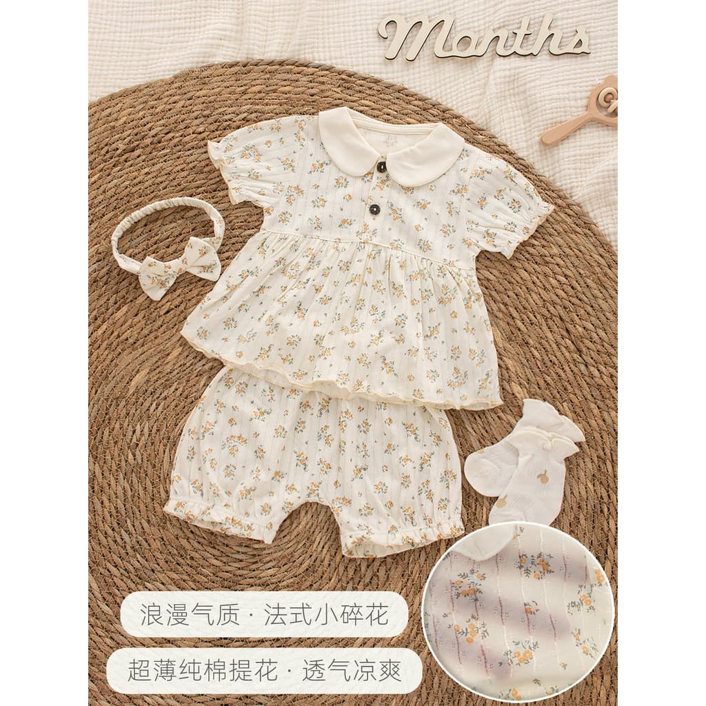 Bebê roupas de bebê verão fino Split terno bebê menina princesa Floral Shorts de manga curta um ano de idade puro algodã