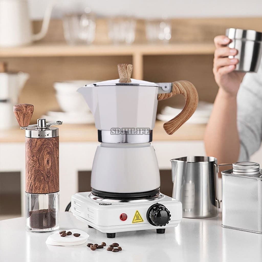 Máquina De Café Expresso Moka Pot 150ml 300ml-Cafeteira De Alumínio Com Cabo De Madeira