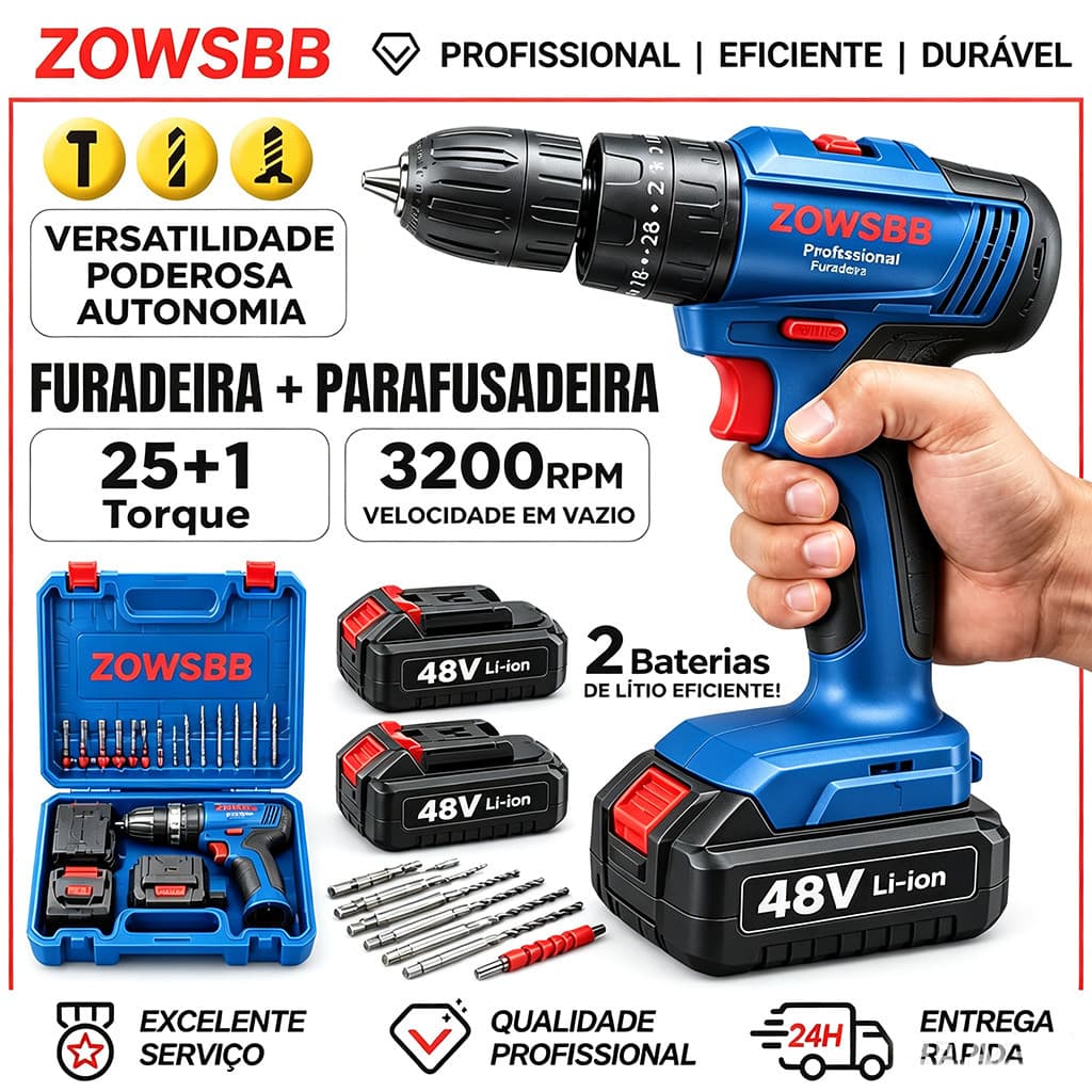 Furadeira Parafusadeira Elétrica de Lítio Portátil 48V 2 Baterias Com Kit de Brocas ZOWSBB