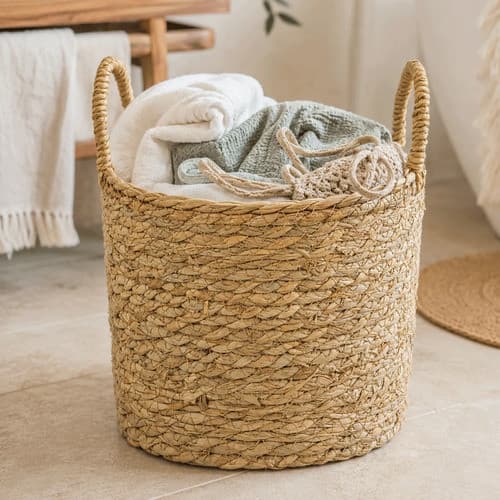 Cesto Palha Decorativo Cachepot Organizador Rústico Alça Banheiro Quarto Lavanderia Multiuso