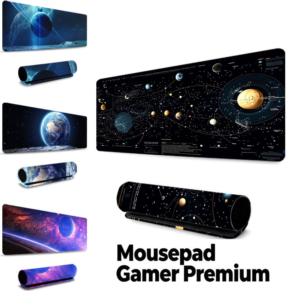 Tapete Gamer Sistema Solar Espaço Vintage, borda costurada, base borracha antiderrapante, à prova d'água mesa notebook