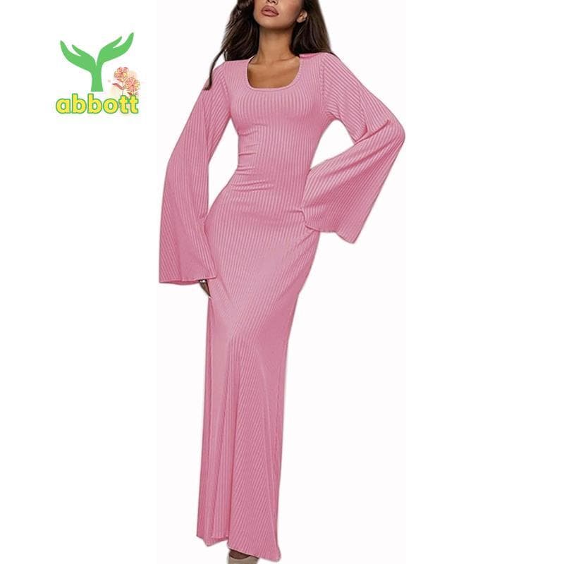 [Quick A] Vestido Maxi Feminino Canelado De Malha Manga Flare Bodycon Solto Casual Vestidos Longos Rosa S