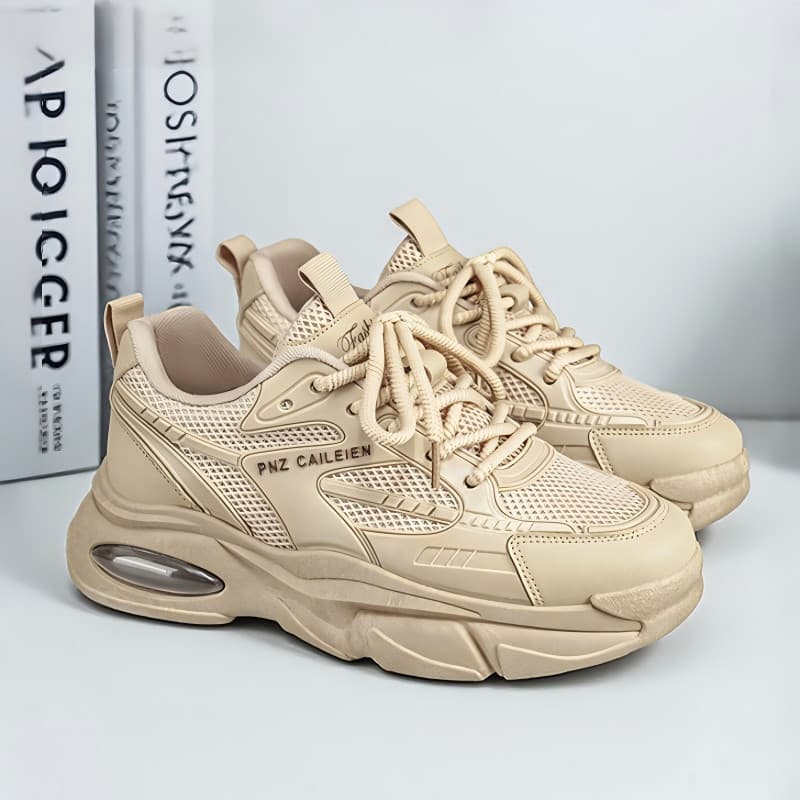 Calçados esportivos da moda masculina, superfície de malha respirável confortável, amortecimento de sola grossa antiderr