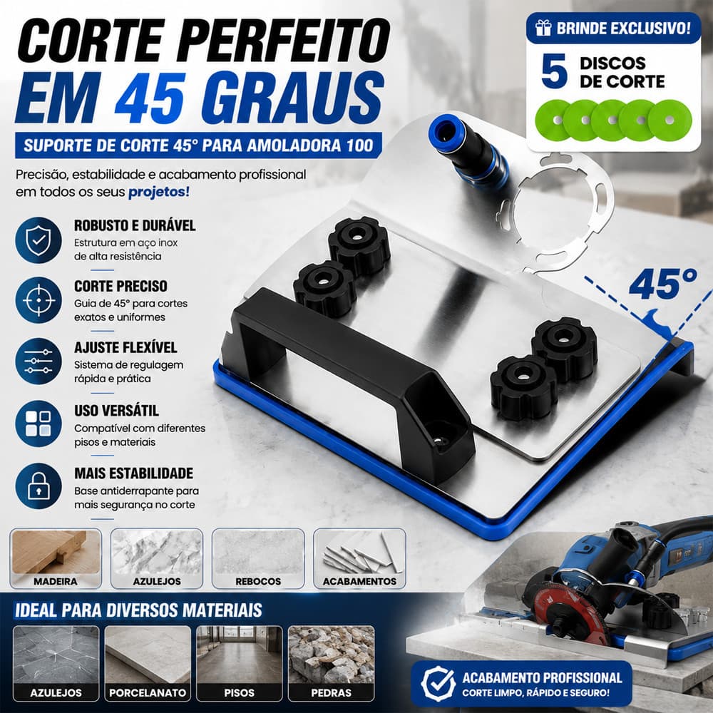 Adaptador para Esmerilhadeira Guia de Corte 45 Graus Para Porcelanato Piso Cerâmica Chanfro Profissional