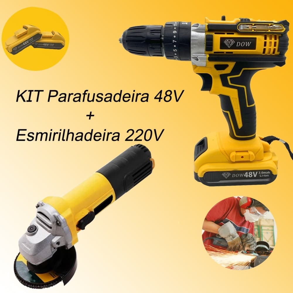 KIT Parafusadeira furadeira 48v Com gancho e 2 bateria + Esmerilhadeira Lixadeira Angular  220v