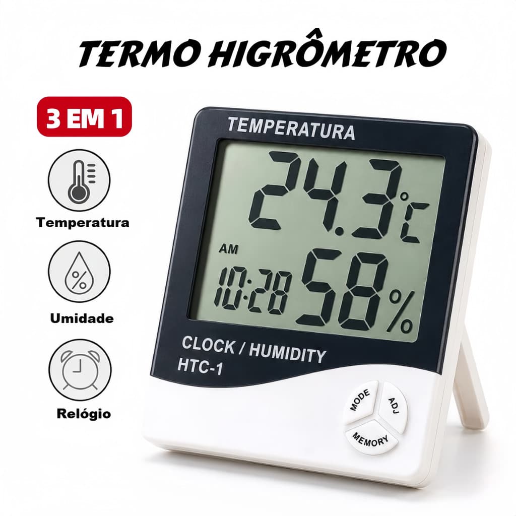 Relógio Despertador Digital De Mesa, Termômetro e higrômetro Mede Temperatura Umidade e Hora Simultaneamente