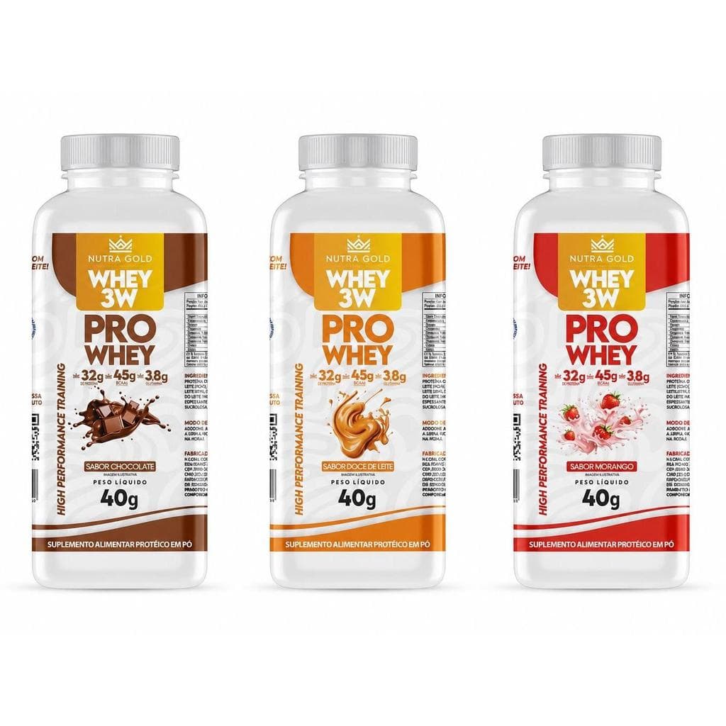 Whey Protein 3w Nutra Gold 40g Dose única - Morango / Chocolate / Doce de Leite - kit 3 doses