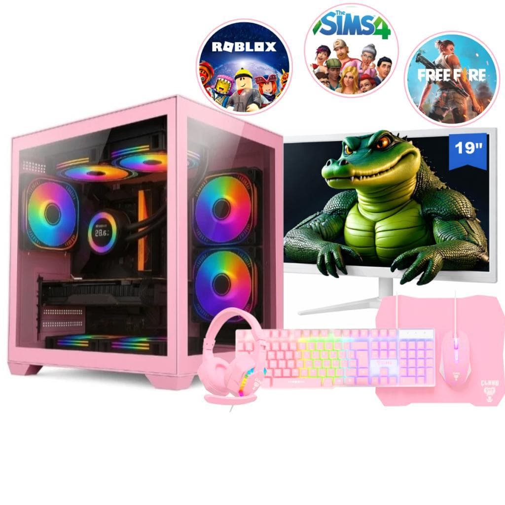 PC Gamer Completo Rosa  i5 3470 Memoria Ram 16GB SSD 240GB Monitor Branco Kit Gamer Rosa