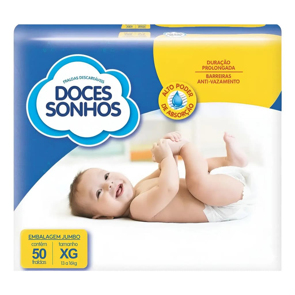 Fralda Descartável Infantil Doces Sonhos XG 50 Unidades - Super Absorção 10h Antivazamento - Últimas Unidades!