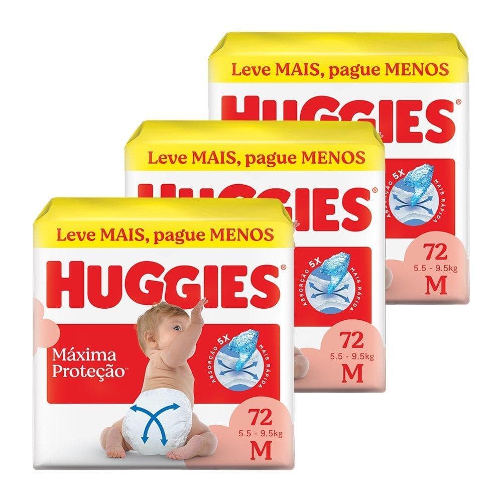 Fralda Descartável Huggies Máxima Proteção Tamanho M - 3 Pacotes com 72 Fraldas - Total de 216 Tiras