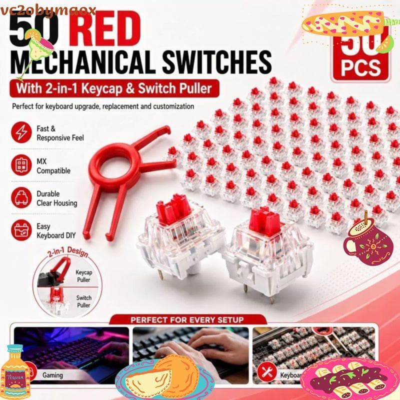 50 Peças Interruptores De Teclado Mecânico Com Extrator De Interruptor 3 Pinos Vermelho Teclados Mecânicos Clicker Subst