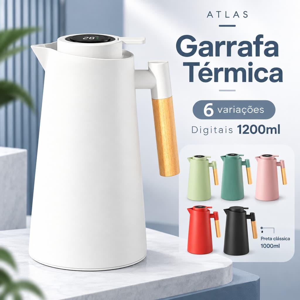 Garrafa Térmica 1L 1,2L Café Chá Jarra Escritório Home Office Cabo Madeira Termômetro Digital Nórdica