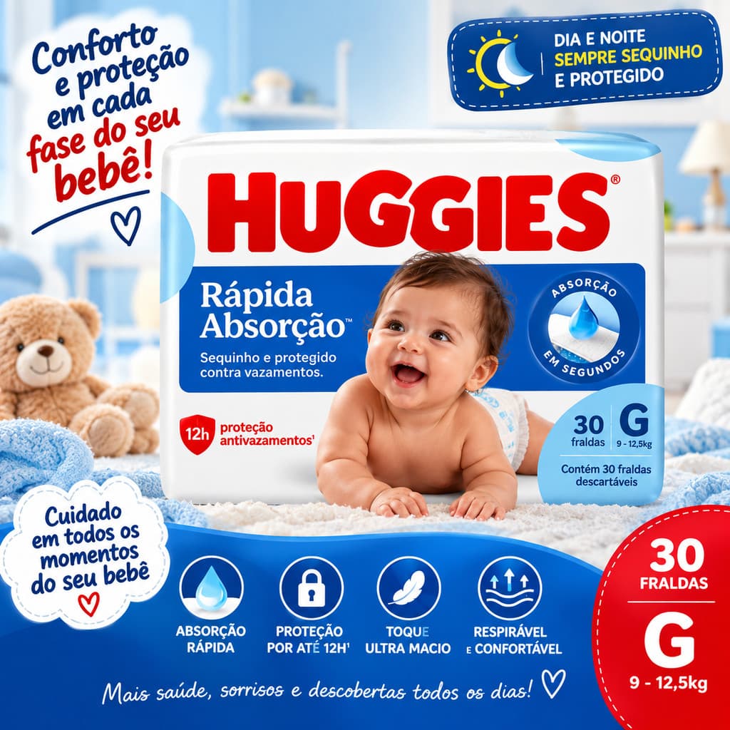 Fralda Huggies Rápida Absorção Tamanho G 30 Unds 9 a 13 Kg