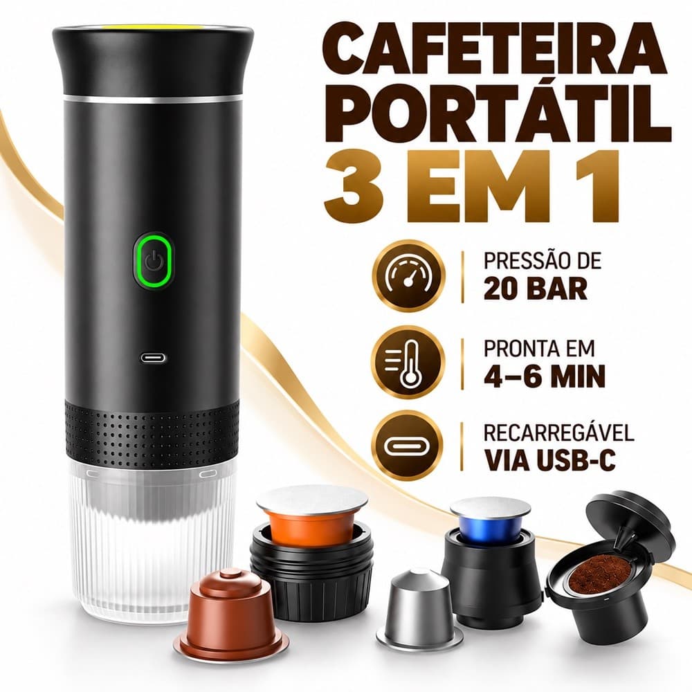 Cafeteira Portátil 3 em 1 Expresso Elétrica Recarregável para Cápsulas e Café Moído Compacta e Prática Voltmax