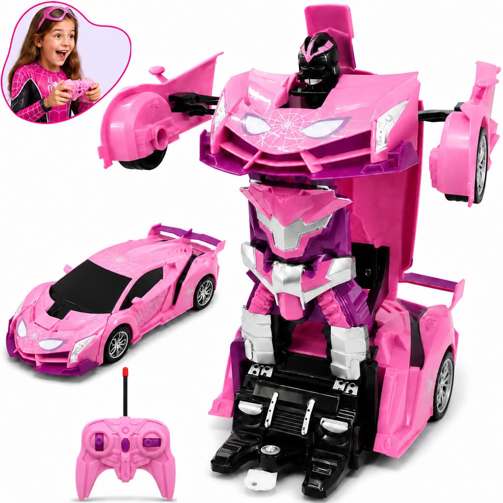 Carrinho Robô Transformer Controle Remoto Infantil Carro Transformer Que Vira Robô a Pilha Rosa Menina Kizumba