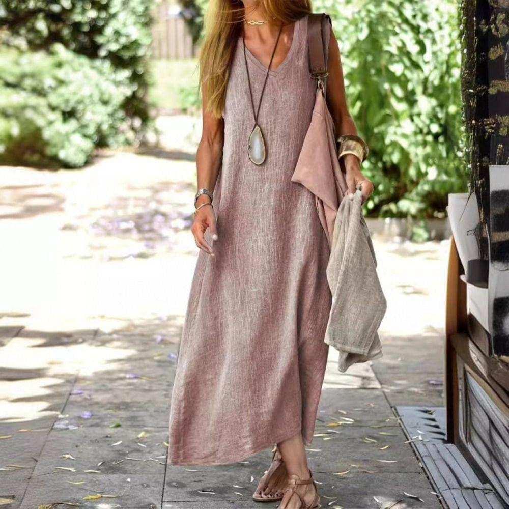 Vestido Feminino , Sem Mangas De Linho De Algodão , Casual Sólido Claro Rosa Cinza Com Decote Em V Vestidos Maxi Comprim
