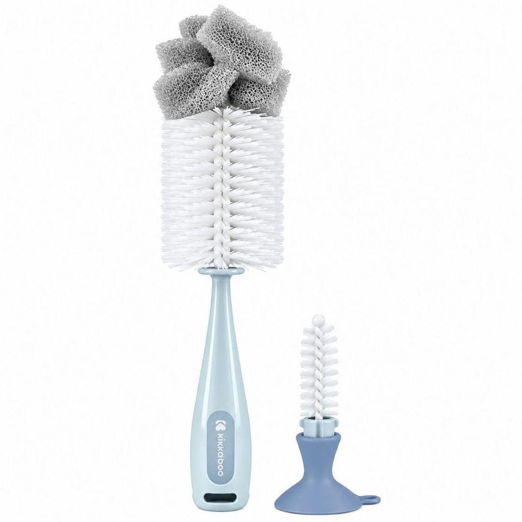 Escova Lavar Mamadeira 2 em 1 Com Limpador de Bico Ventosa Bebê Sem BPA Macia Kikkaboo Blue azul