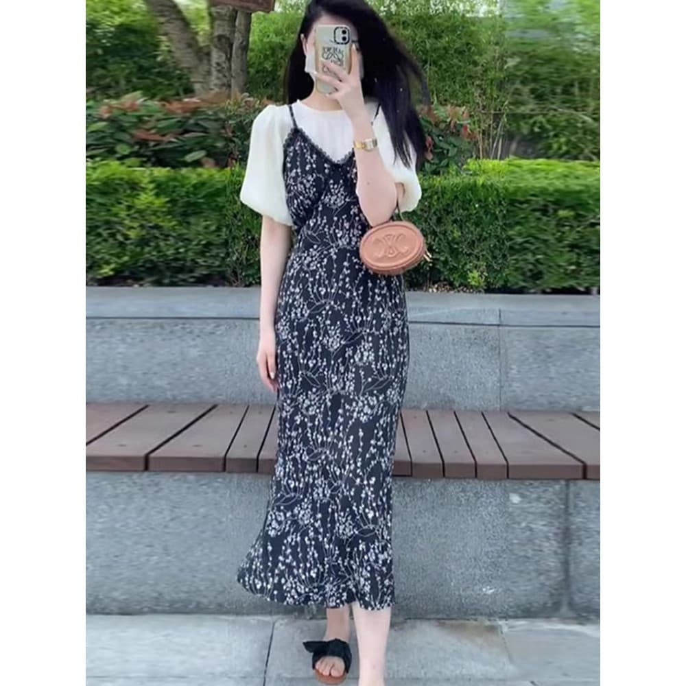 Design francês sentir falso vestido Floral de duas peças feminino verão renda costura estilingue vestido mais magro olha