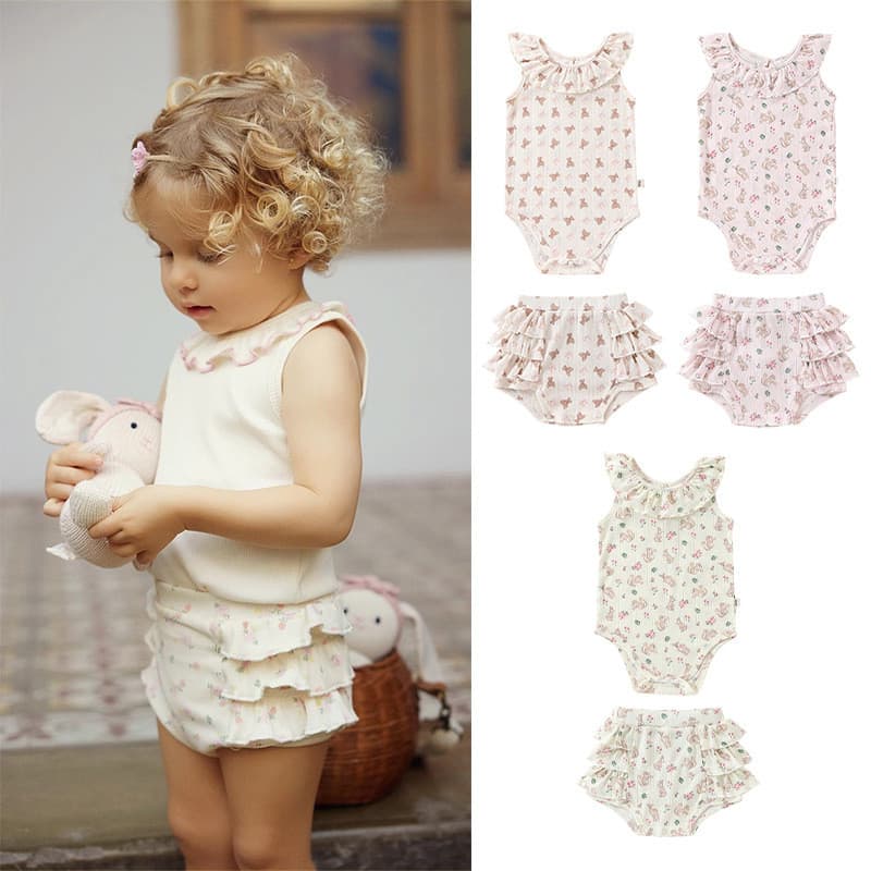 Verão roupas de bebê menina estilingue verão babados roupas de bebê classe A meninas bebê terno de duas peças ins