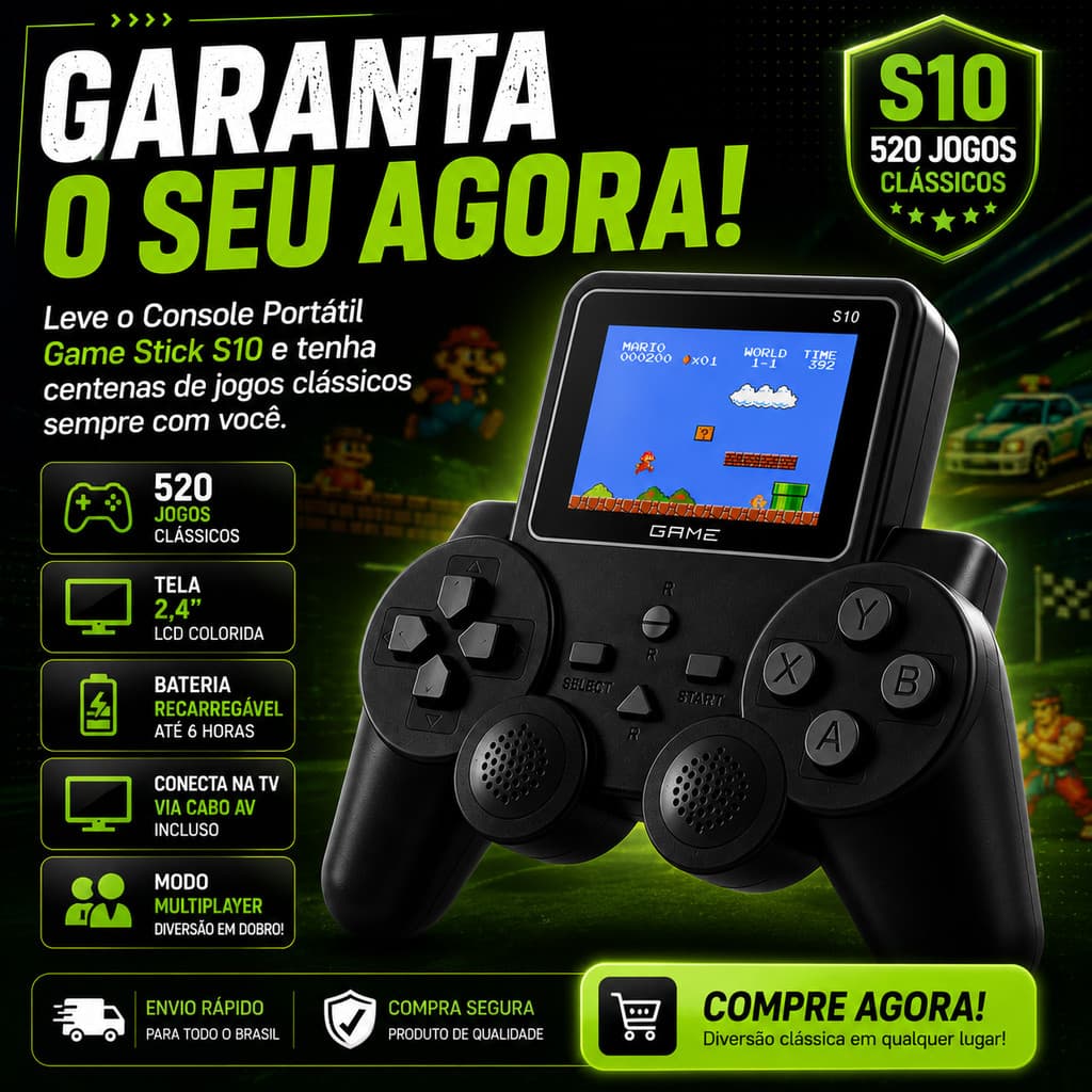 Vídeo Game Portátil S10 Retro 520 Jogos Mario – Controle Gamepad Incluso, Presente Perfeito