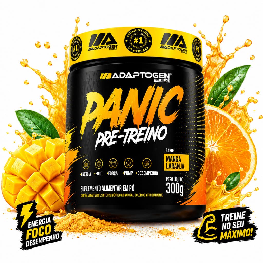 Pré Treino Panic Adaptogen Manga Laranja 300g Suplemento em Pó para Treino e Academia Fitness
