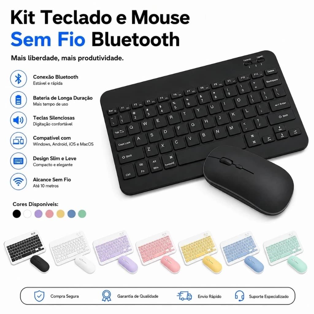 Kit Teclado e Mouse Sem Fio Bluetooth Colorido Macaron Para PC Table sem fio para android ios windows VOLTIK