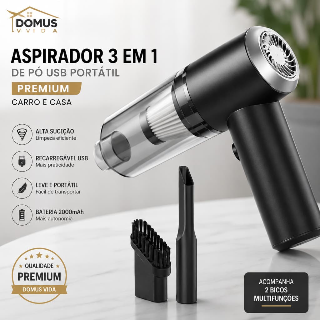 Mini Aspirador de Pó Portátil 3 em 1 USB Sem Fio 2000mAh para Veículos e Ambientes