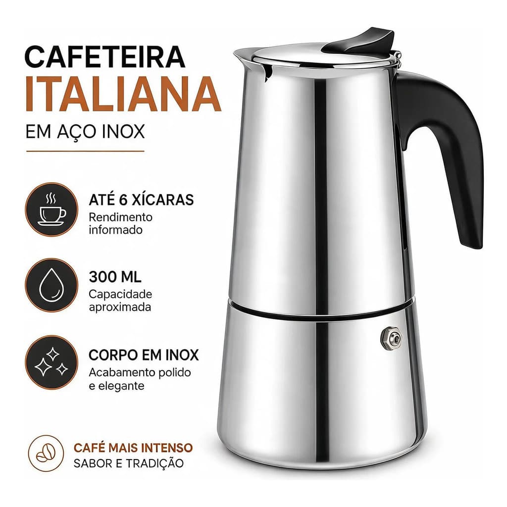 Cafeteira Italiana Inox 6 Xícaras 300ml Moka Café Expresso Manual Premium Resistente Prática