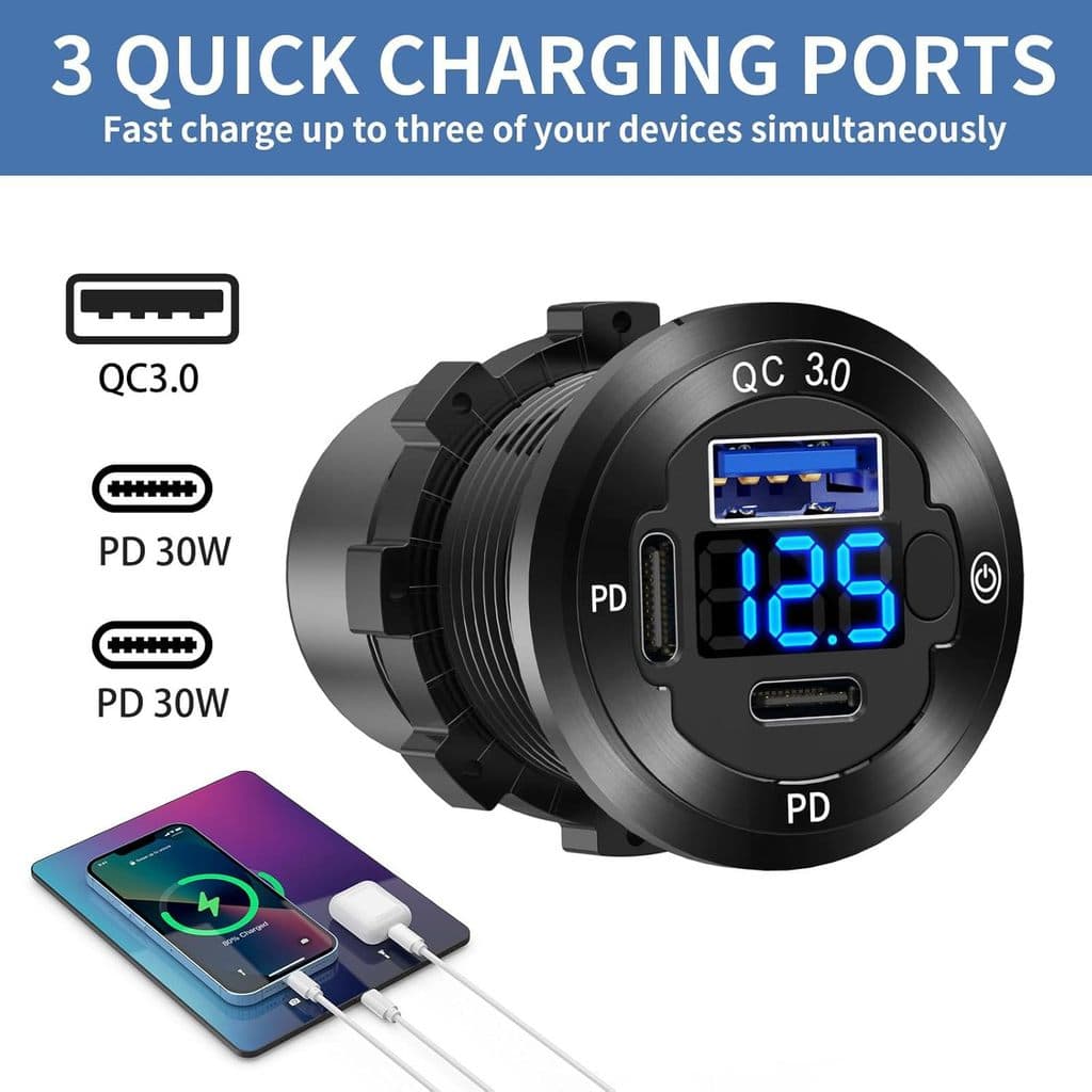 Carregador de carro 25, carregamento rápido para carro, carregador de carro modificado com múltiplas portas USB e displa
