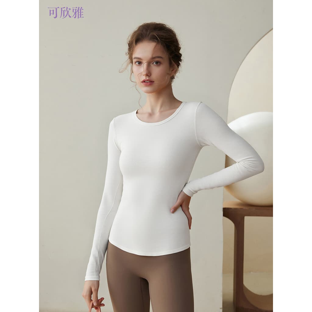 Kexinya em torno do pescoço de manga comprida roupas de Fitness feminino fino ajuste mais magro olhar com nervuras roupa