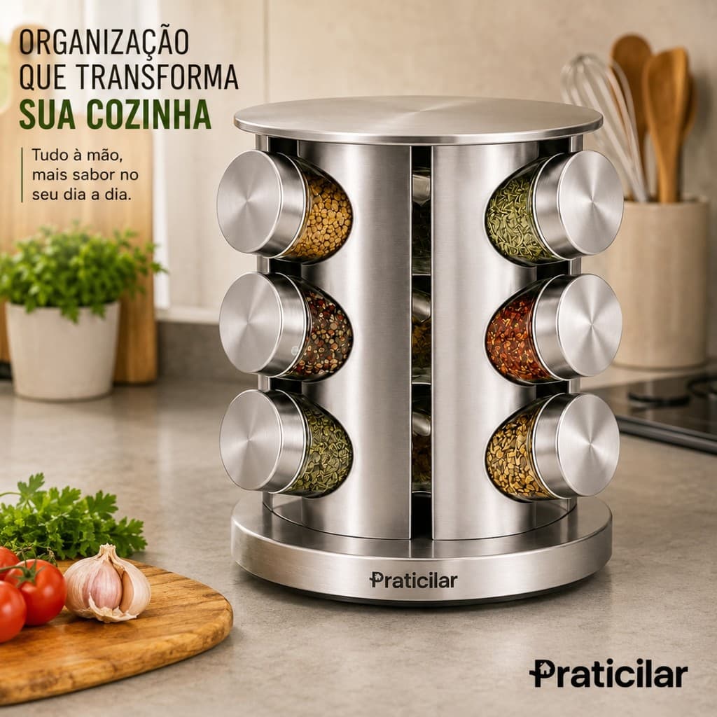 Porta Tempero Giratório 360 Suporte Inox Com 12 Potes Vidro Condimento Cozinha Formato SORTIDO