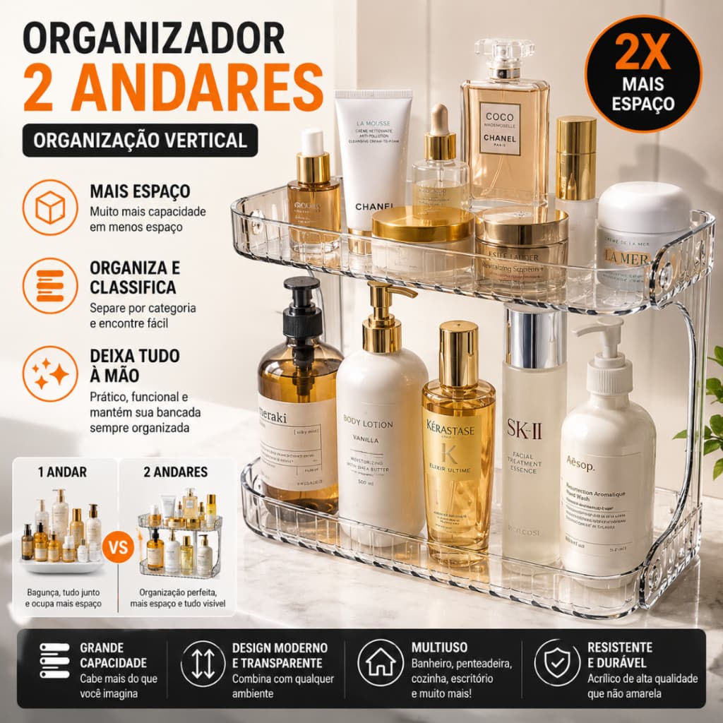 trc1016 Organizador Acrílico 2 Andares Multiuso Banheiro Cozinha Prateleira Organizador Porta Maquiagem